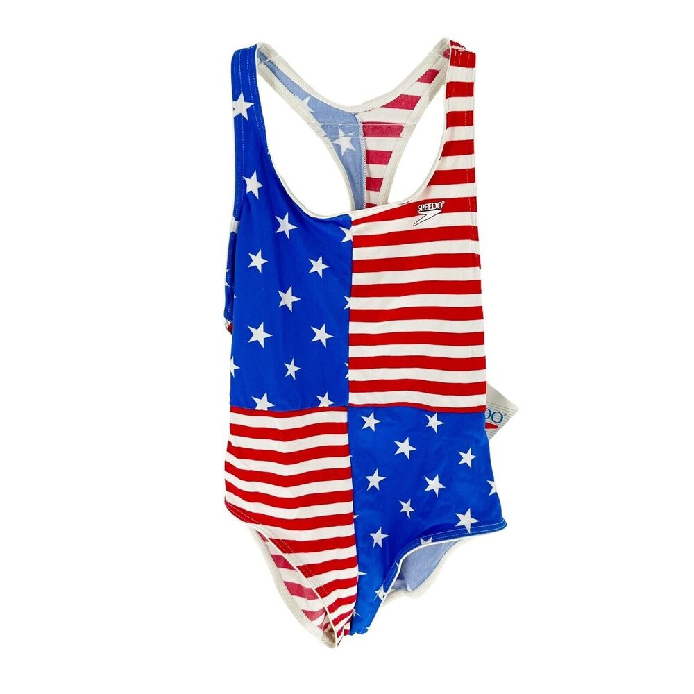 Speedo Swimsuit Girls 16 Red White Blue One Piece Racerback USA Flag Stars NEW